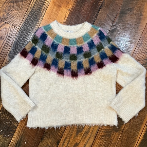 Madewell Brushed Checkerboard Fair Isle Oversized Sweater Ivory Multi Women’s S - Picture 7 of 12